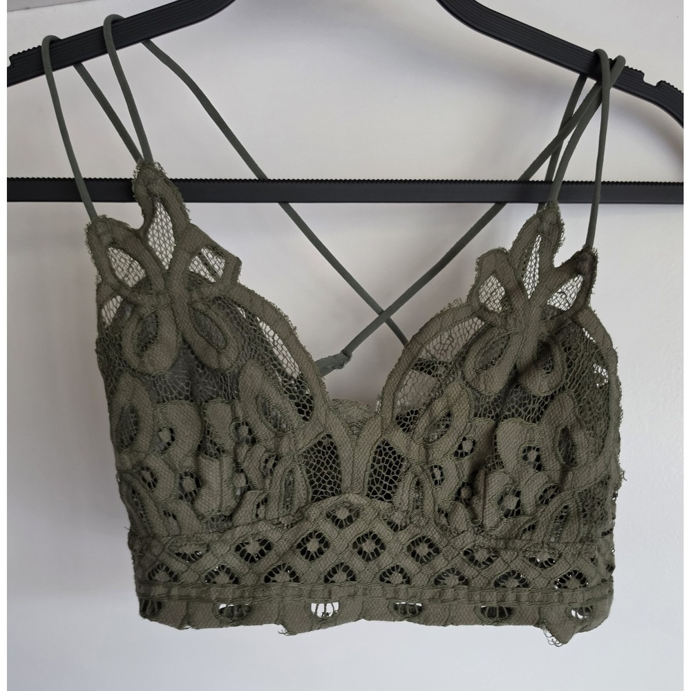 Zenana Bralette M Floral Lace Olive Green Wireless Bra Top Lingerie